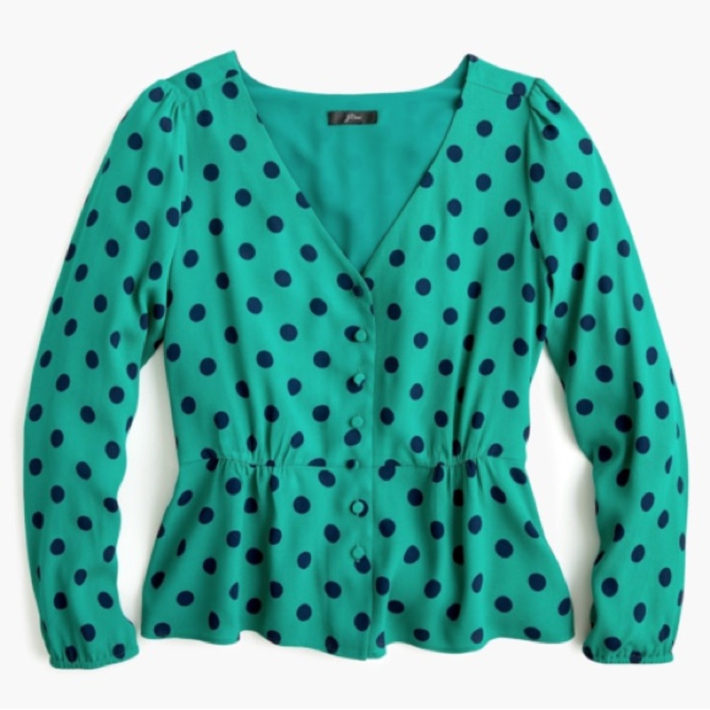 J. Crew Green Polka-Dot Peplum Top, L
